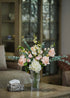 Real Touch blush roses and white hydrangea faux floral arrangement in a clear glass vase with eucalyptus leaves — Everblooma elegant home décor.