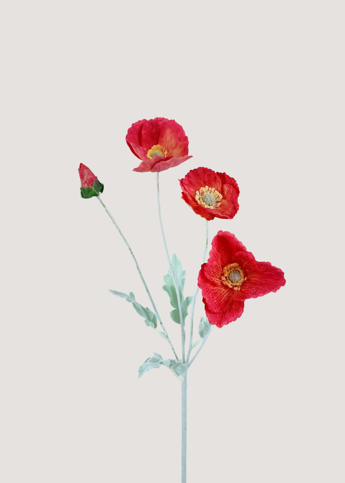 Red artificial poppy stem with bloom and bud by Everblooma