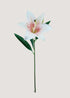 White and pink artificial lily stem with realistic petals and green leaves