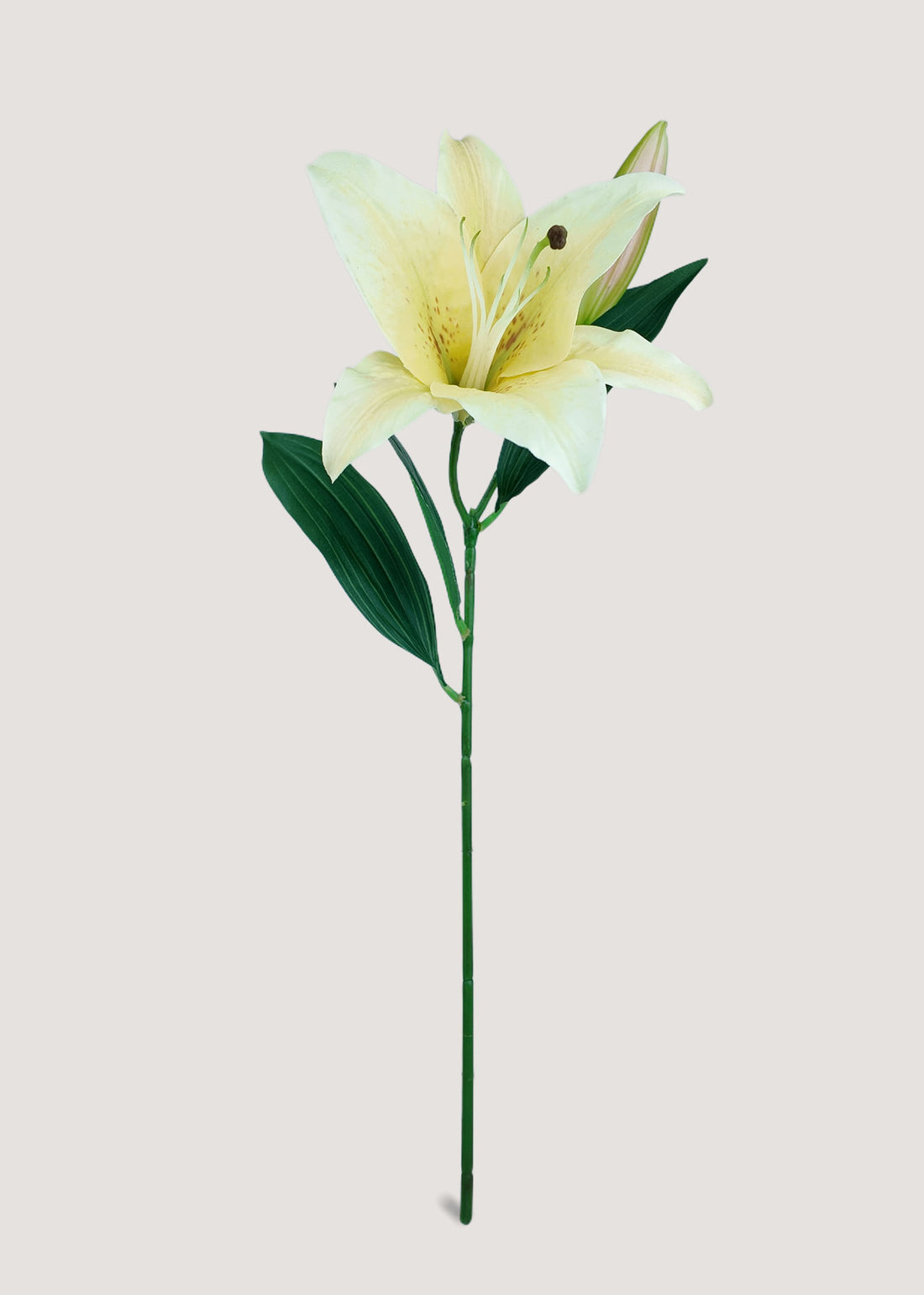 Yellow artificial lily stem with realistic petals and green leaves